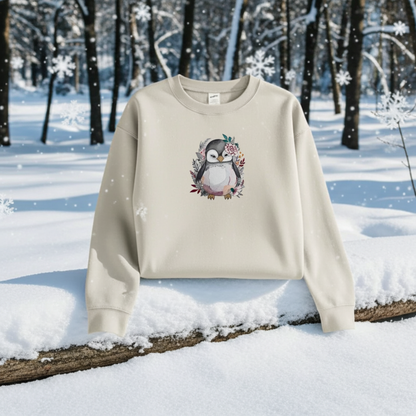 Mint green sweatshirt displayed outdoors in fresh snow with falling snowflakes, featuring a cute penguin embroidery surrounded by small floral accents, with snowy trees and blue sky in the background