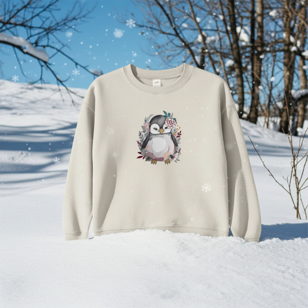 Mint green sweatshirt displayed outdoors in fresh snow with falling snowflakes, featuring a cute penguin embroidery surrounded by small floral accents, with snowy trees and blue sky in the background