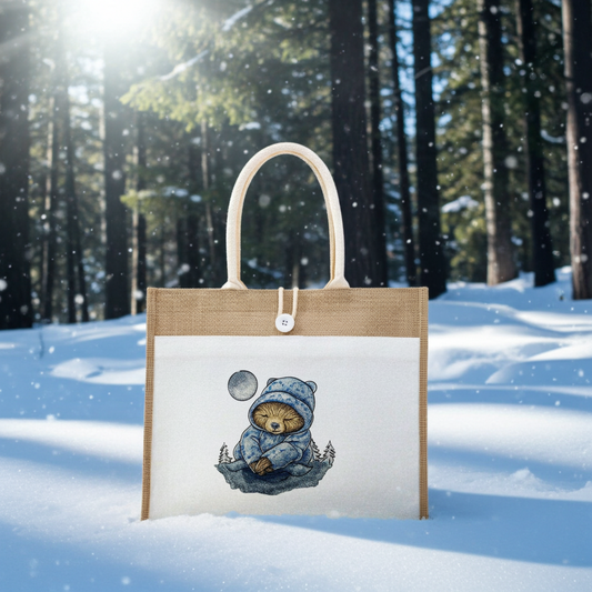 Natural jute tote handbag featuring a cozy winter sloth embroidery design, photographed outdoors in the snow with a forest background and falling snowflakes.