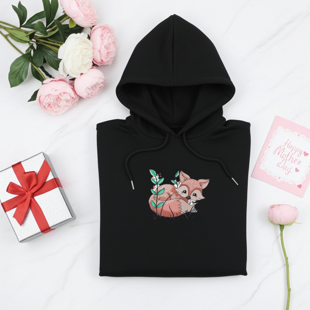 Black hoodie featuring a cute woodland fox embroidery-style design, styled flat lay with pink flowers, a gift box, and a Mother’s Day card.