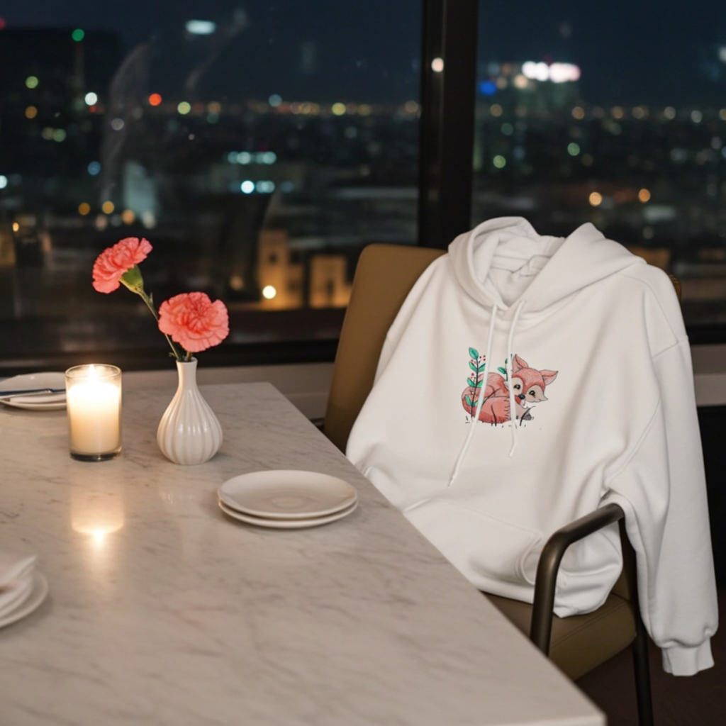 White hoodie featuring a cute woodland fox embroidery-style design, styled on a chair at a table with a candle and flowers, with city lights in the background.