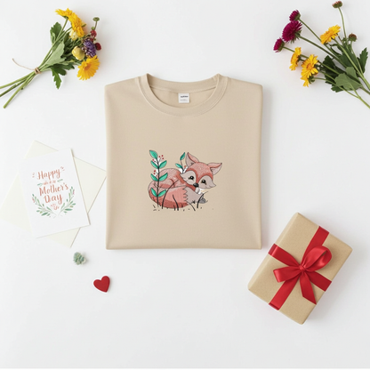 Beige sweatshirt featuring a cute woodland fox embroidery-style design, styled flat lay with tulips, a wrapped gift, and a Mother’s Day card.