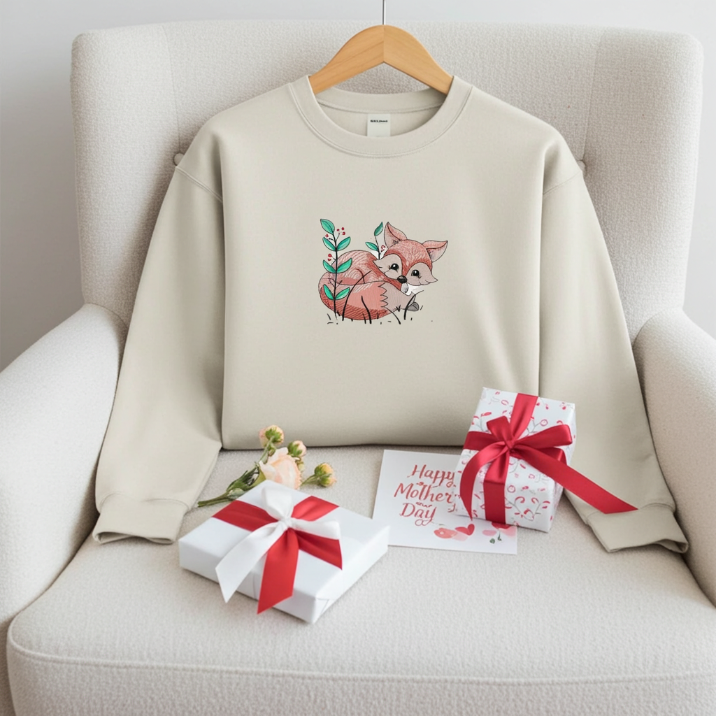 Mint green sweatshirt featuring a cute woodland fox embroidery-style design, styled flat lay with a bouquet of flowers, a wrapped gift with pink ribbon, and a Mother’s Day card.