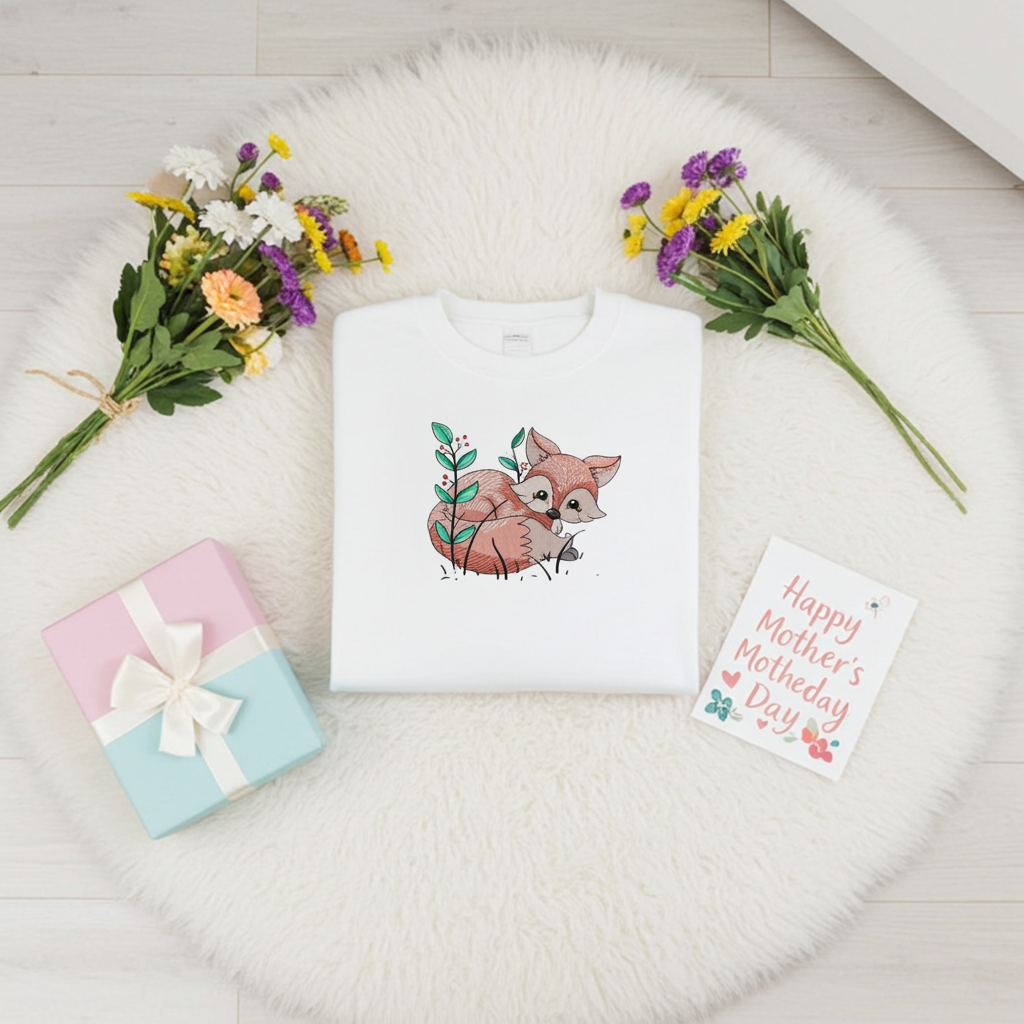 White sweatshirt featuring a cute woodland fox embroidery-style design, styled on an armchair with a bouquet, gift box, and a Mother’s Day card.