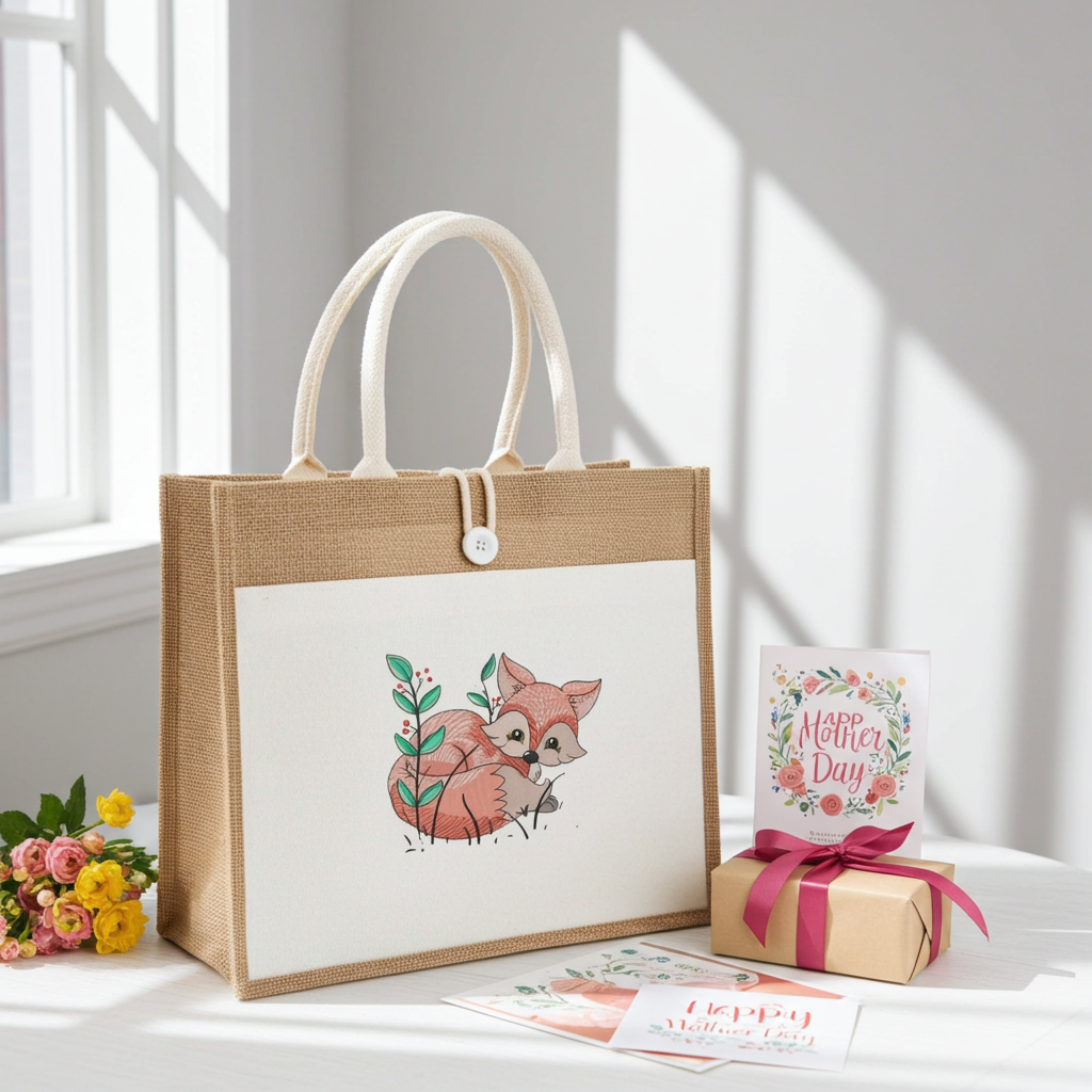 Jute tote handbag featuring a cute woodland fox embroidery-style design, styled on a bright windowsill with flowers, a gift box, and a Mother’s Day card.