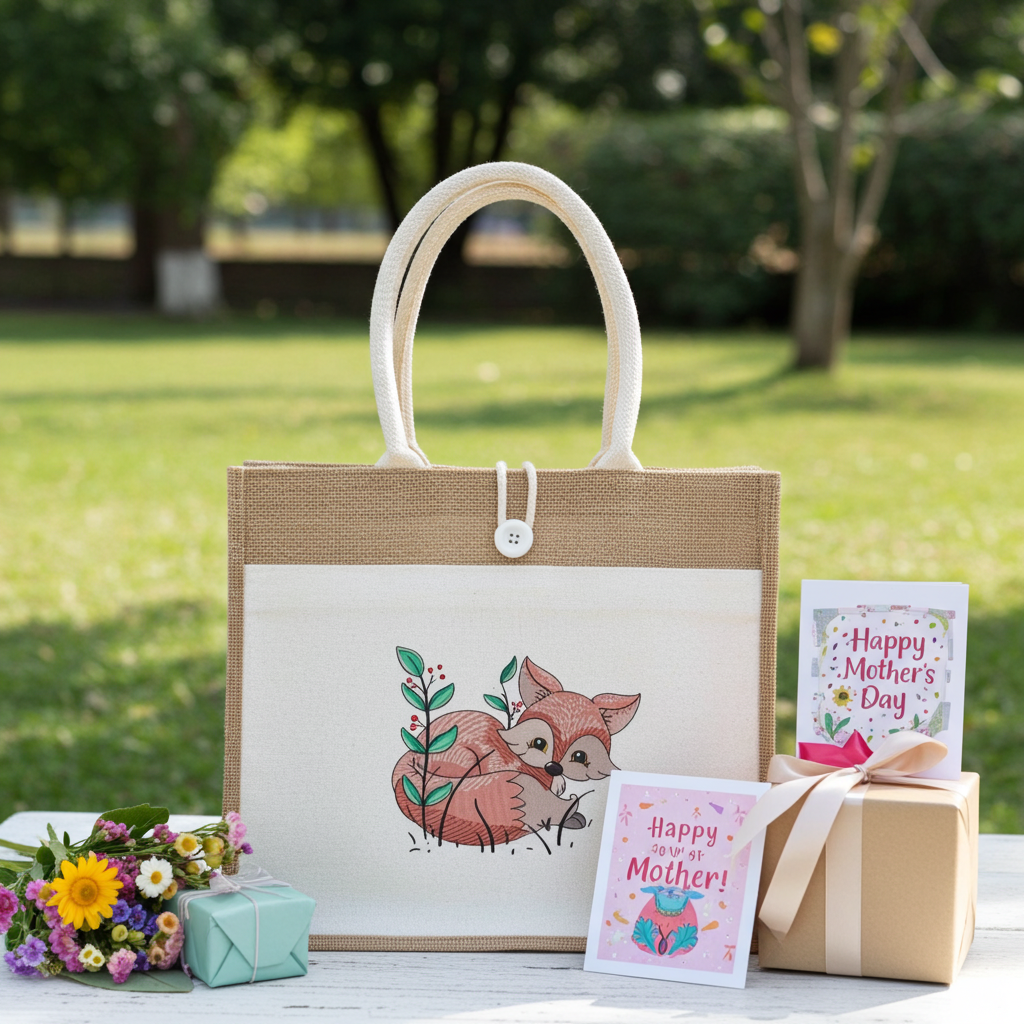 Jute tote handbag featuring a cute woodland fox embroidery-style design, styled on a bright windowsill with flowers, a gift box, and a Mother’s Day card.