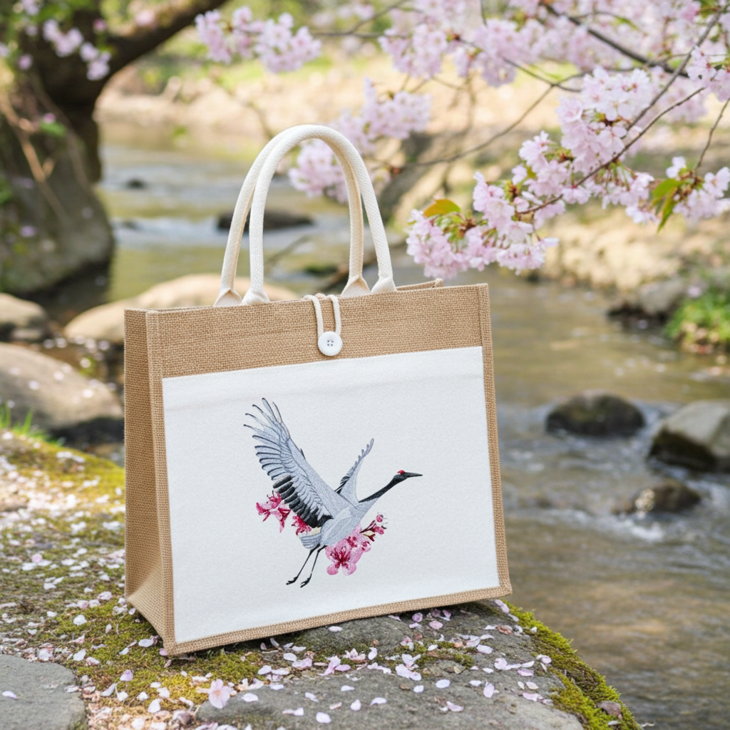 Jute tote handbag with a flying crane and cherry blossom embroidery-style design, photographed outdoors by a stream with blooming pink sakura branches.