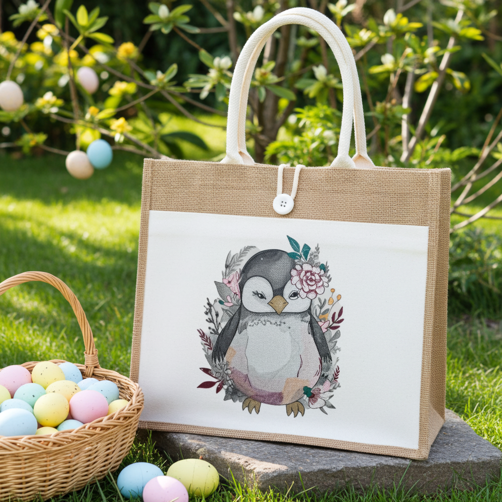 Jute tote handbag with a cute penguin surrounded by floral embroidery-style artwork, photographed outdoors on grass with pastel Easter eggs and a basket in the background.