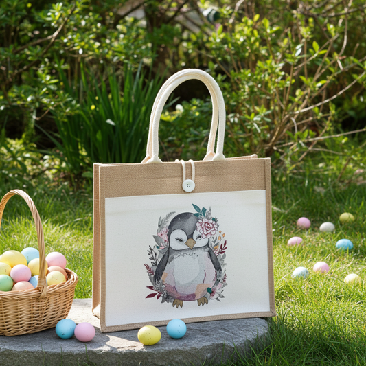 Jute tote handbag with a cute penguin surrounded by floral embroidery-style artwork, photographed outdoors on grass with pastel Easter eggs and a basket in the background.