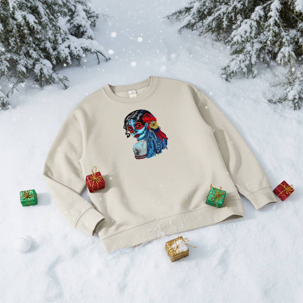 Mint green sweatshirt laid on fresh snow outdoors, featuring a colorful sugar skull muse embroidery portrait with red and blue details, styled with small wrapped gift boxes and falling snow