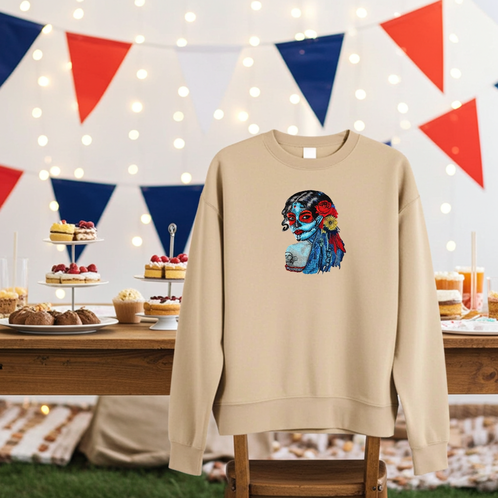 Soft beige sweatshirt displayed at an outdoor party table with desserts and string lights, featuring a colorful sugar skull muse embroidery portrait with red and blue details on the chest