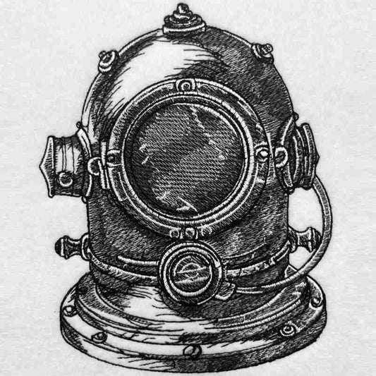 Vintage brass diving helmet embroidered on a fabric item, displaying nautical design elements.