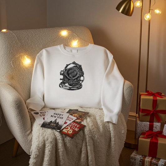 White sweatshirt featuring a vintage deep sea diver helmet embroidery-style design, styled on an armchair with warm string lights, holiday cards, and wrapped gift boxes.