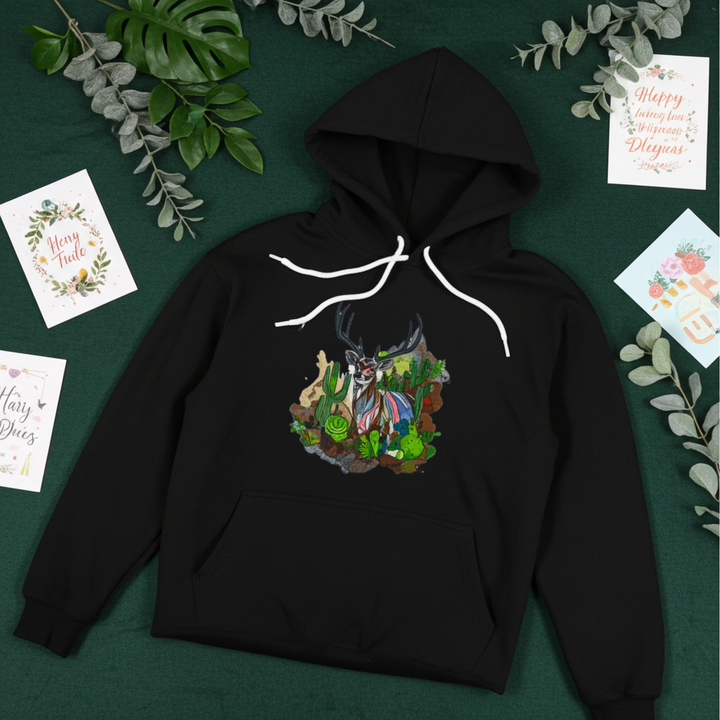 Black hoodie mockup featuring an embroidered deer with antlers and desert cactus landscape on the chest, styled flat lay on a dark green background with leafy branches and greeting cards.