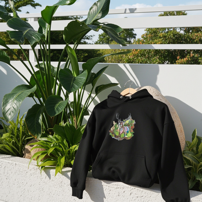 Black hoodie mockup featuring an embroidered deer with antlers and desert cactus landscape on the chest, styled outdoors on a terrace with lush green plants and a white fence.