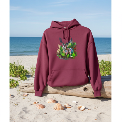 Burgundy hoodie mockup featuring an embroidered deer with antlers and desert cactus landscape on the chest, styled on driftwood at the beach with ocean and seashells.
