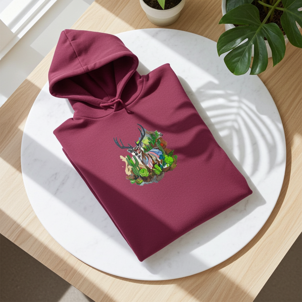 Burgundy hoodie mockup featuring an embroidered deer with antlers and desert cactus landscape on the chest, folded on a round white table in bright natural light.