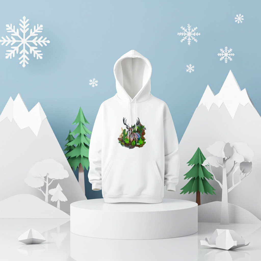 White hoodie mockup featuring an embroidered deer with antlers and desert cactus landscape on the chest, displayed in a winter-themed scene with snowflakes and paper mountains.
