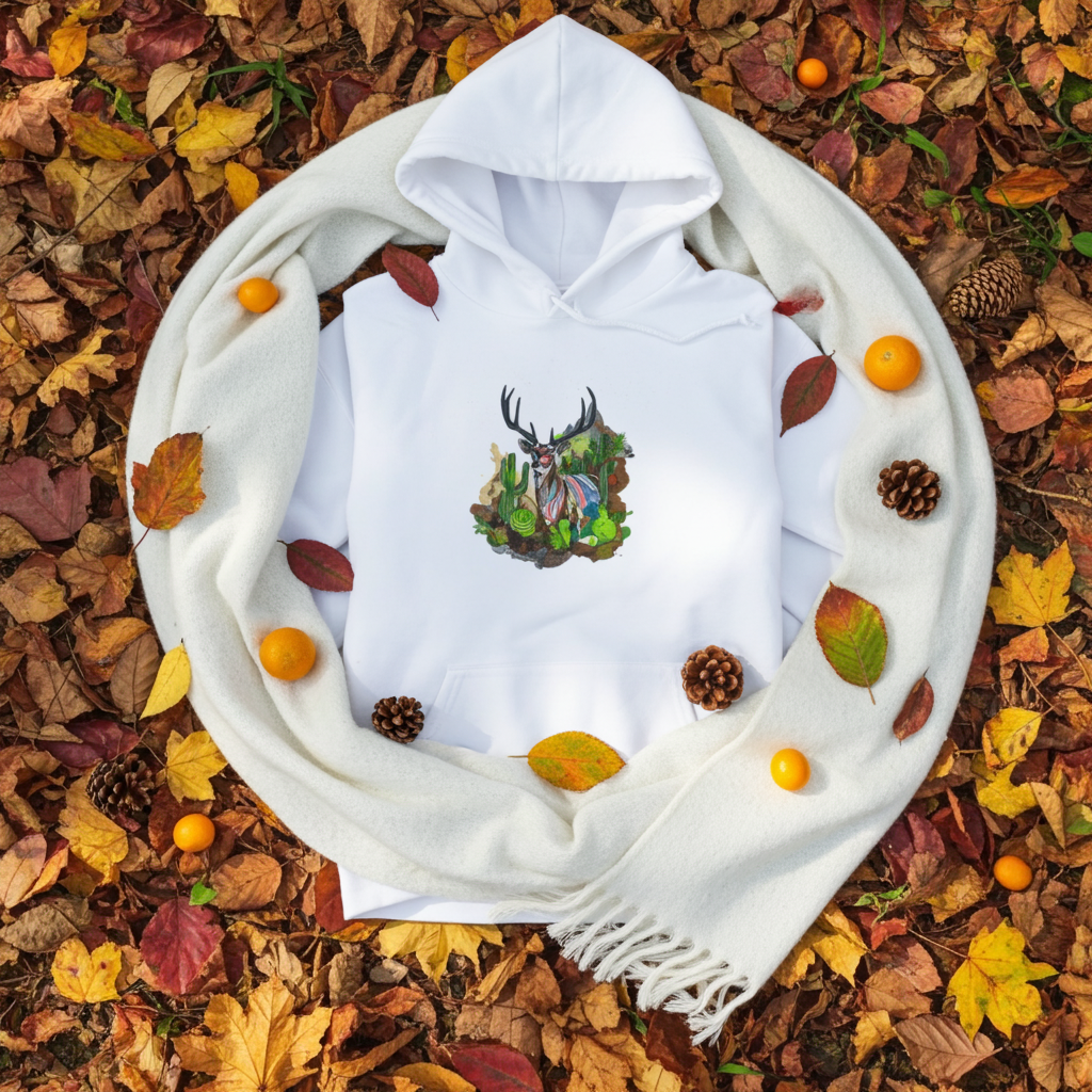 White hoodie mockup featuring an embroidered deer with antlers and desert cactus landscape on the chest, styled with autumn leaves, pinecones, small orange fruits, and a cozy light scarf.