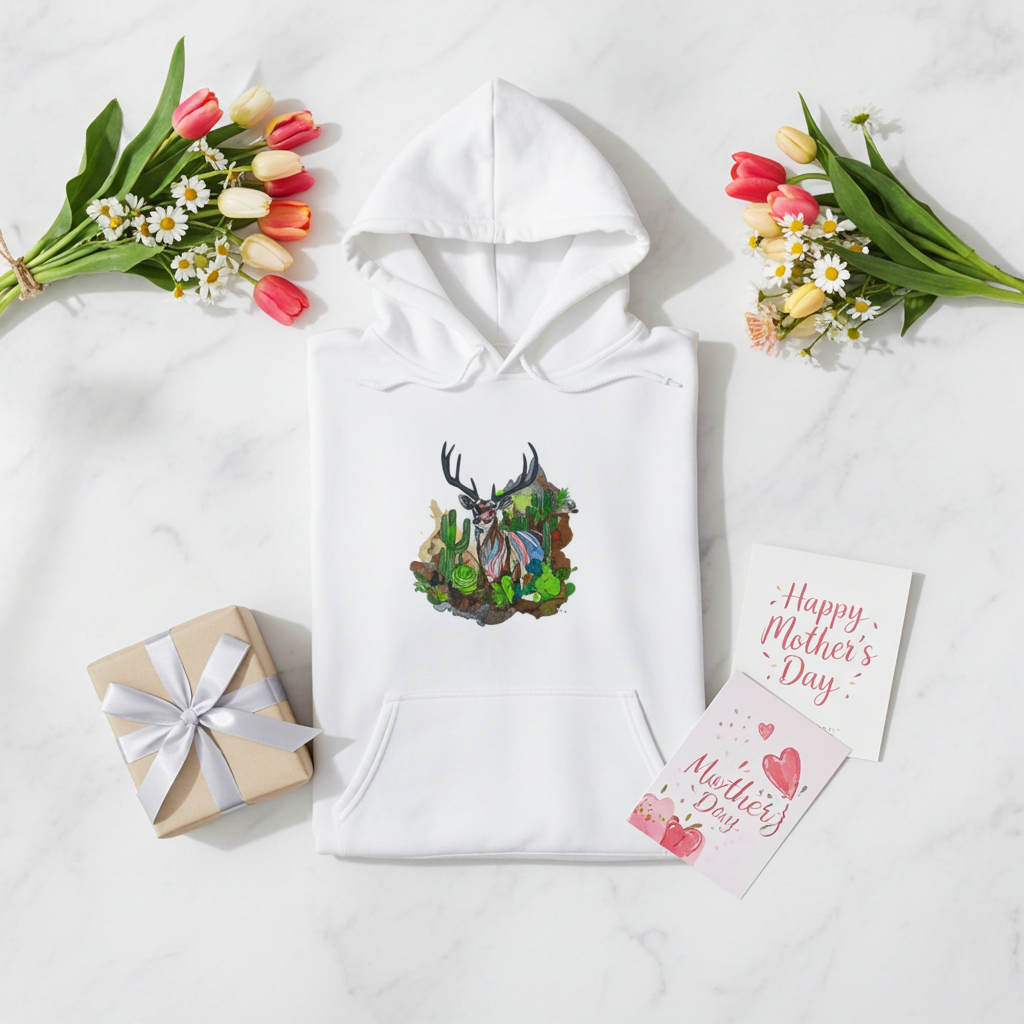 White hoodie mockup featuring an embroidered deer with antlers and desert cactus landscape on the chest, styled flat lay with tulips, a gift box, and Mother’s Day cards.