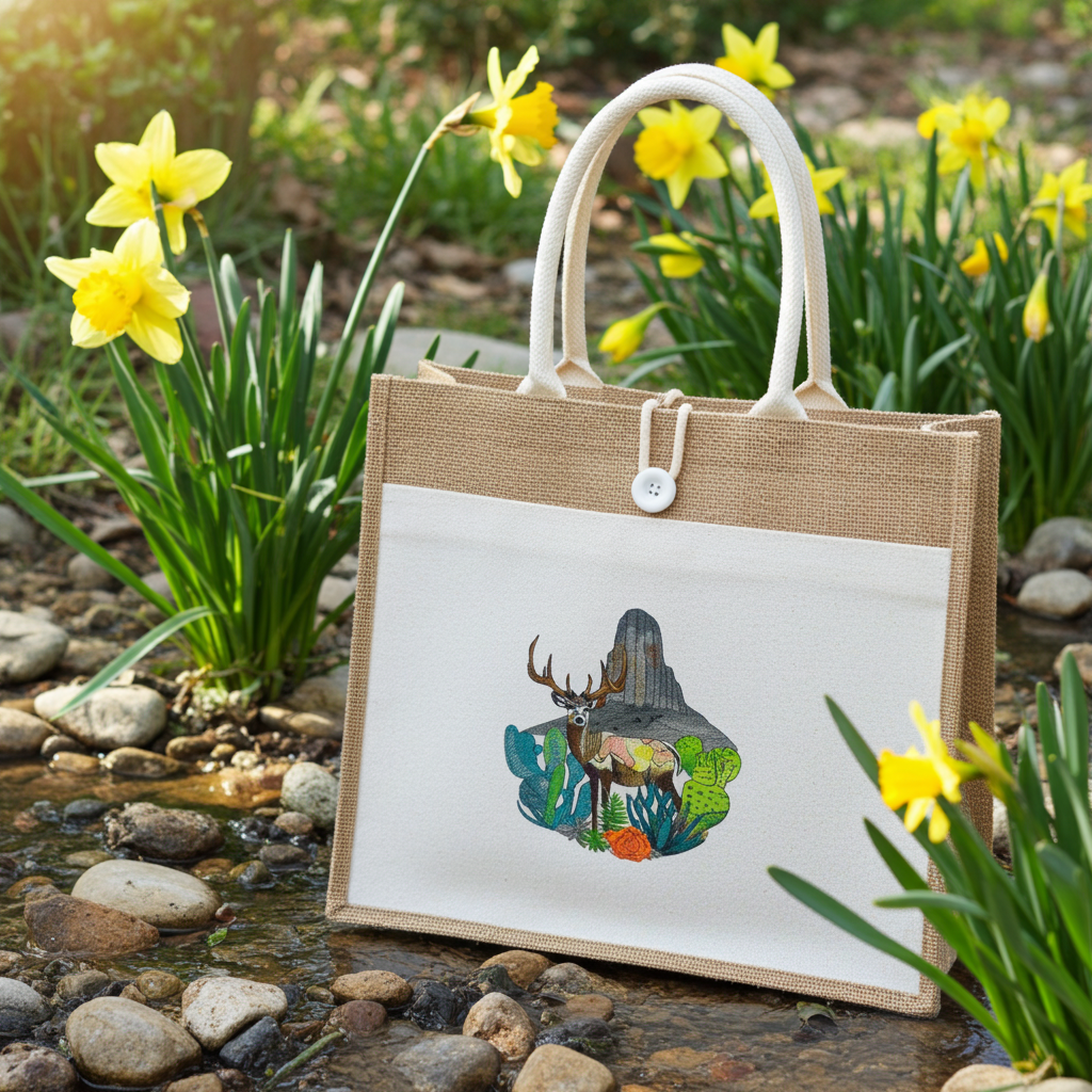 Natural jute tote handbag featuring a desert mountain deer embroidery design, photographed outdoors by a small stream with rocks and yellow flowers.
