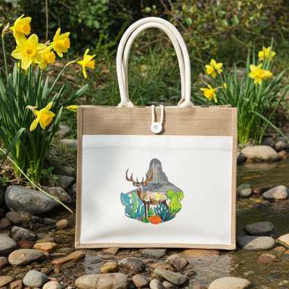 Natural jute tote handbag featuring a desert mountain deer embroidery design, photographed outdoors by a small stream with rocks and yellow flowers.