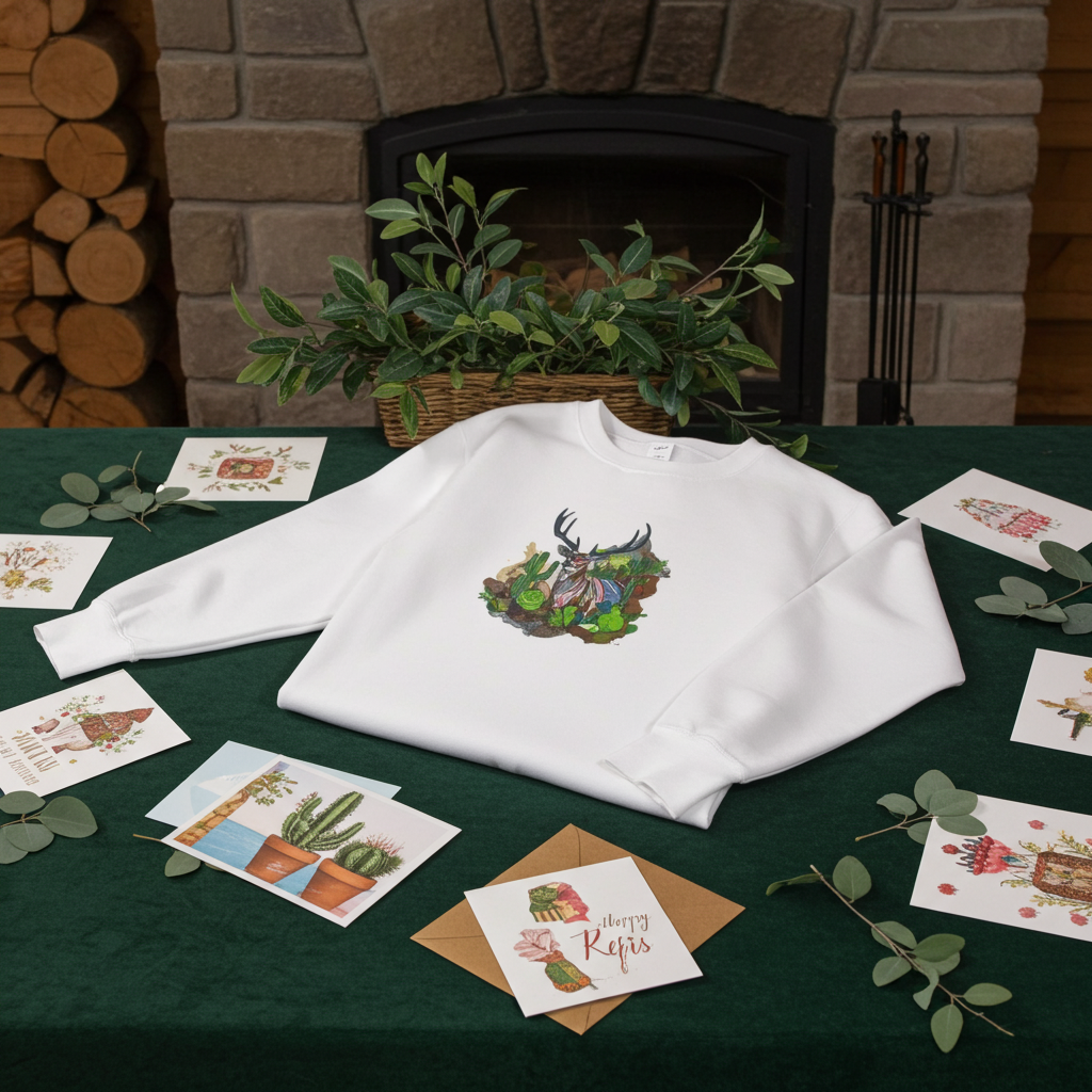 White sweatshirt laid flat on a dark green background with leafy branches and cactus-themed cards, featuring a desert prism deer embroidery design with antlers, cactus, and colorful landscape details on the chest