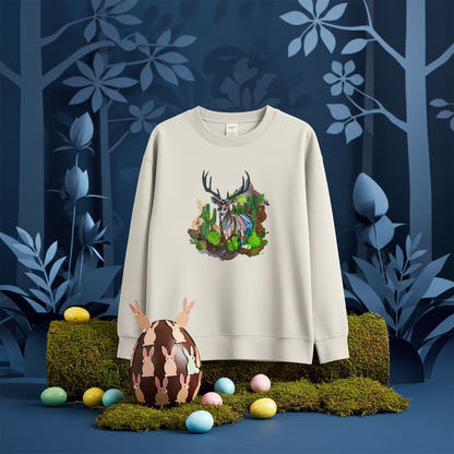 Mint green sweatshirt displayed on a mossy log against a dark blue forest-themed backdrop, featuring a desert prism deer embroidery design with antlers and cactus landscape details, styled with pastel eggs and a decorative bunny egg
