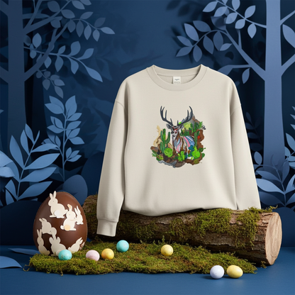Mint green sweatshirt displayed on a mossy log against a dark blue forest-themed backdrop, featuring a desert prism deer embroidery design with antlers and cactus landscape details, styled with pastel eggs and a decorative bunny egg