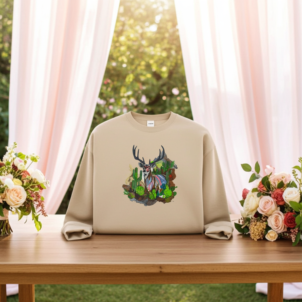 Soft beige sweatshirt displayed on a wooden table outdoors with pink draped fabric and floral arrangements, featuring a desert prism deer embroidery design with antlers and cactus landscape details on the chest