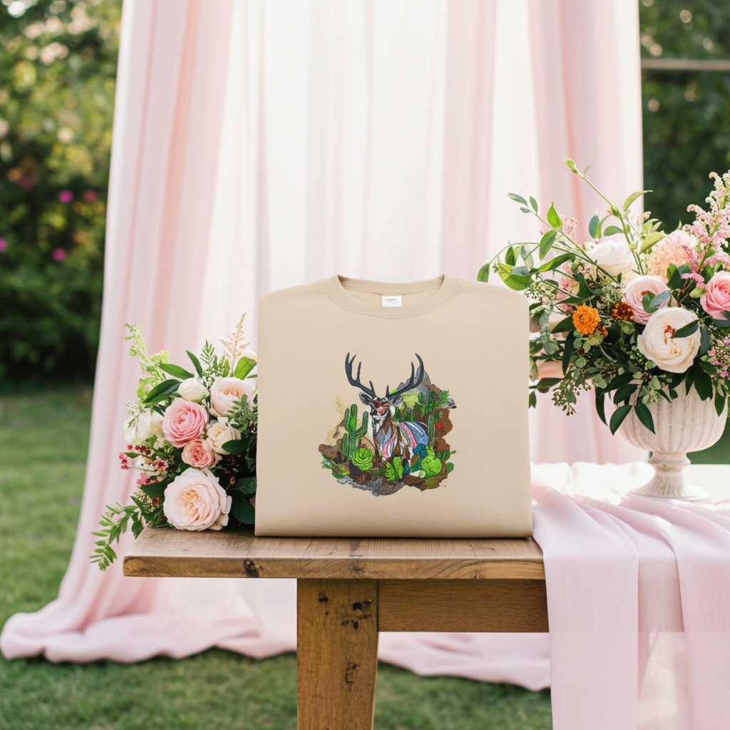 Soft beige sweatshirt displayed on a wooden table outdoors with pink draped fabric and floral arrangements, featuring a desert prism deer embroidery design with antlers and cactus landscape details on the chest