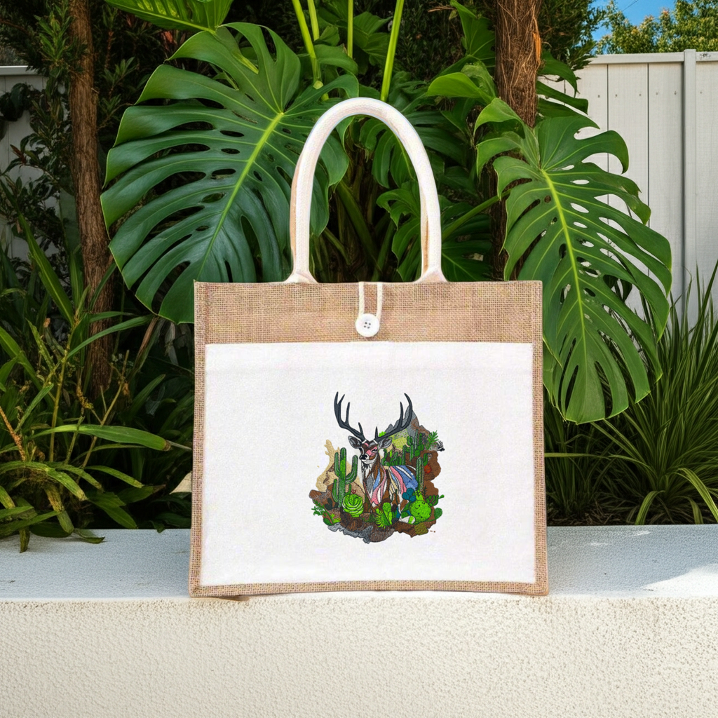 Natural jute tote handbag featuring a desert prism deer embroidery design, displayed outdoors on a ledge with lush green tropical plants and a white fence in the background.