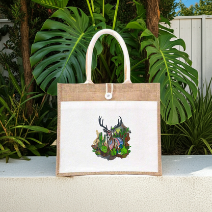Natural jute tote handbag featuring a desert prism deer embroidery design, displayed outdoors on a ledge with lush green tropical plants and a white fence in the background.