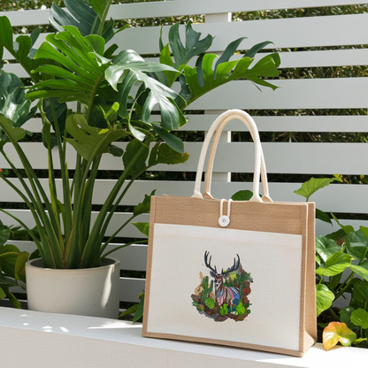 Natural jute tote handbag featuring a desert prism deer embroidery design, displayed outdoors on a ledge with lush green tropical plants and a white fence in the background.