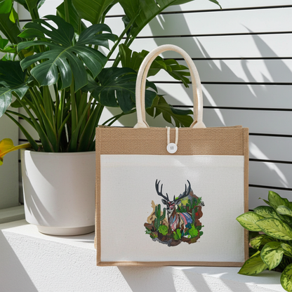 Natural jute tote handbag featuring a desert prism deer embroidery design, displayed outdoors on a ledge with lush green tropical plants and a white fence in the background.