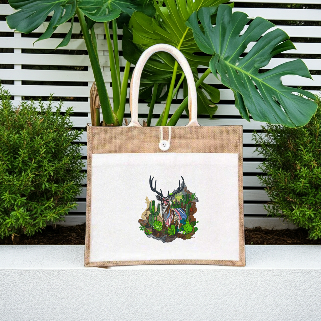 Natural jute tote handbag featuring a desert prism deer embroidery design, displayed outdoors on a ledge with lush green tropical plants and a white fence in the background.