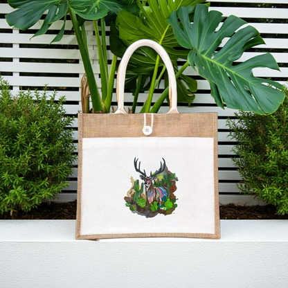 Natural jute tote handbag featuring a desert prism deer embroidery design, displayed outdoors on a ledge with lush green tropical plants and a white fence in the background.