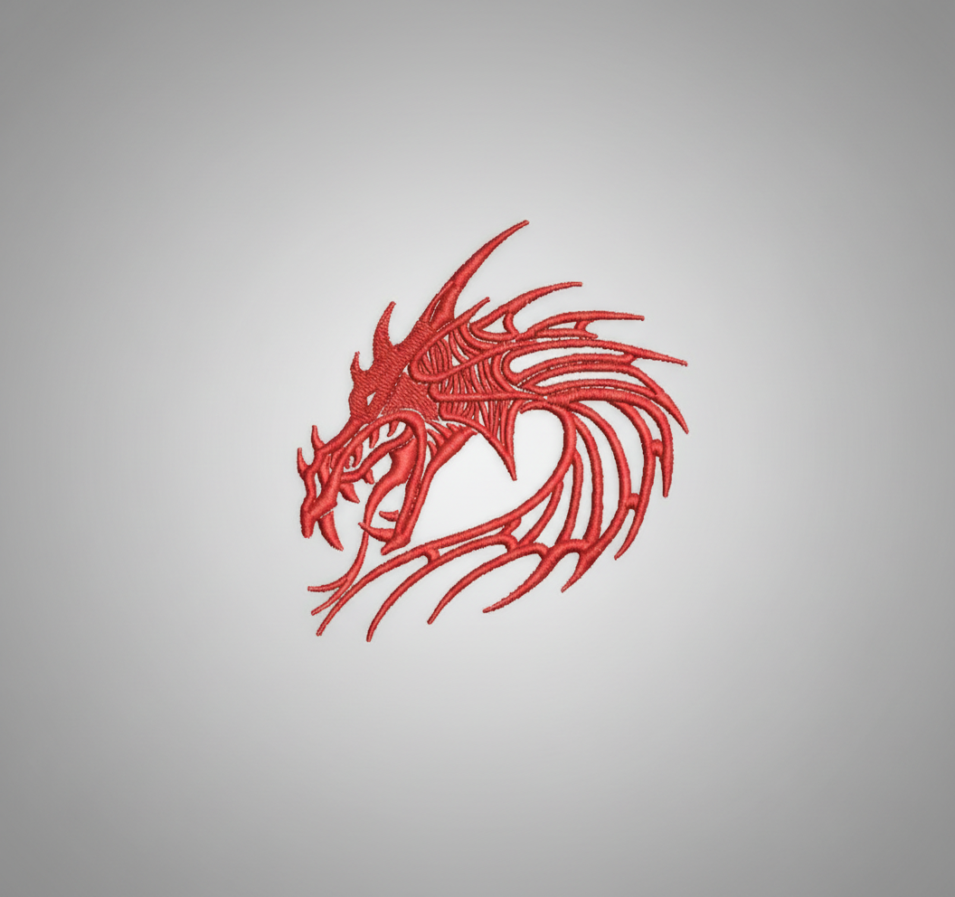 Red dragon design on a grid background