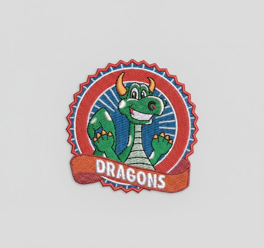 Embroidered patch with a cartoon dragon and 'DRAGONS' text on a grid background