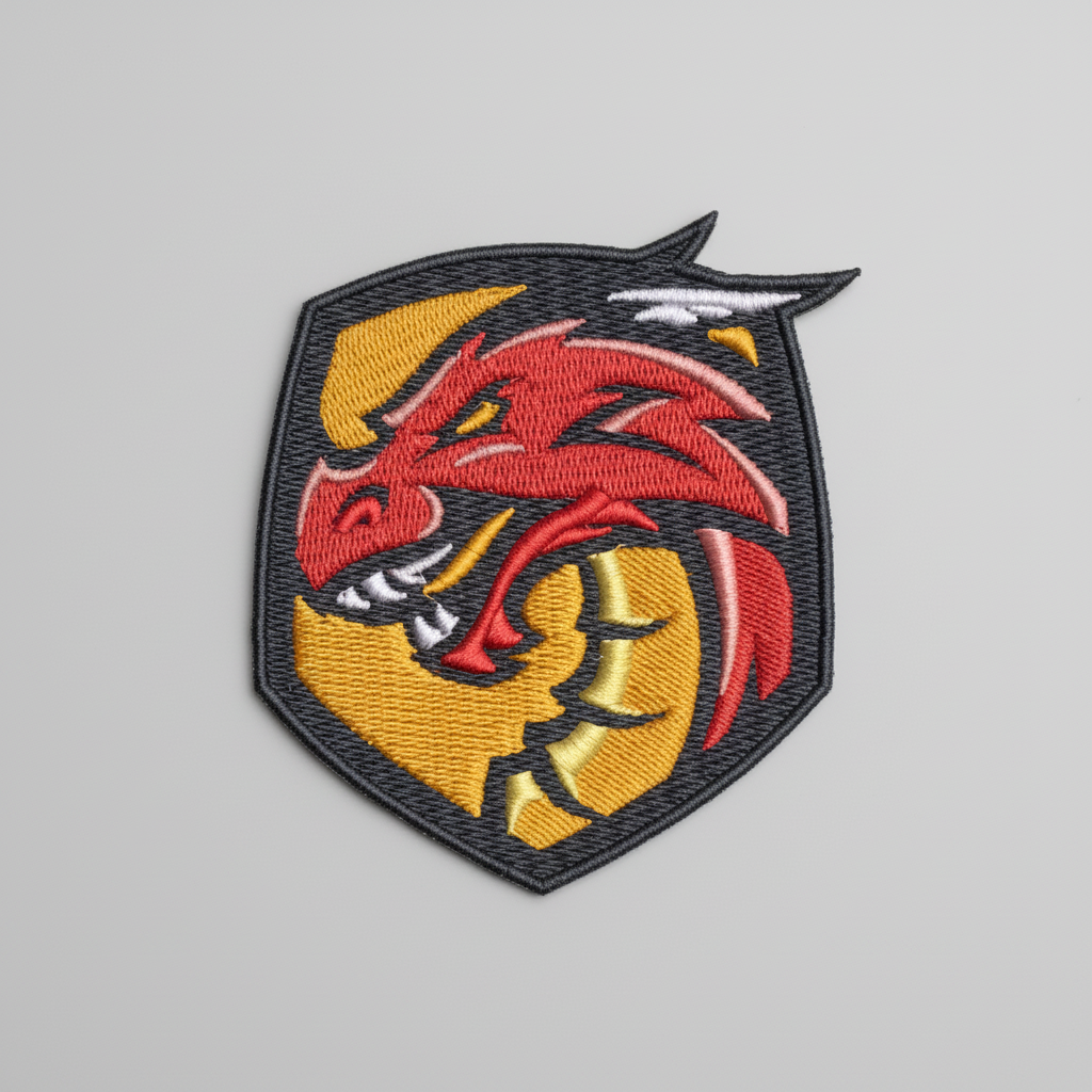 Embroidered patch with a red dragon design on a grid background