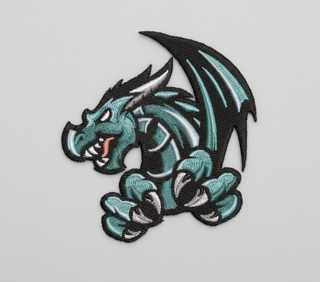 Embroidered Blue dragon design on a grid background