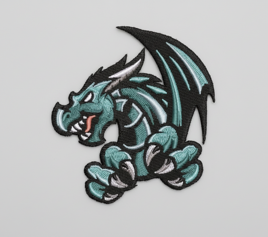 Embroidered Blue dragon design on a grid background