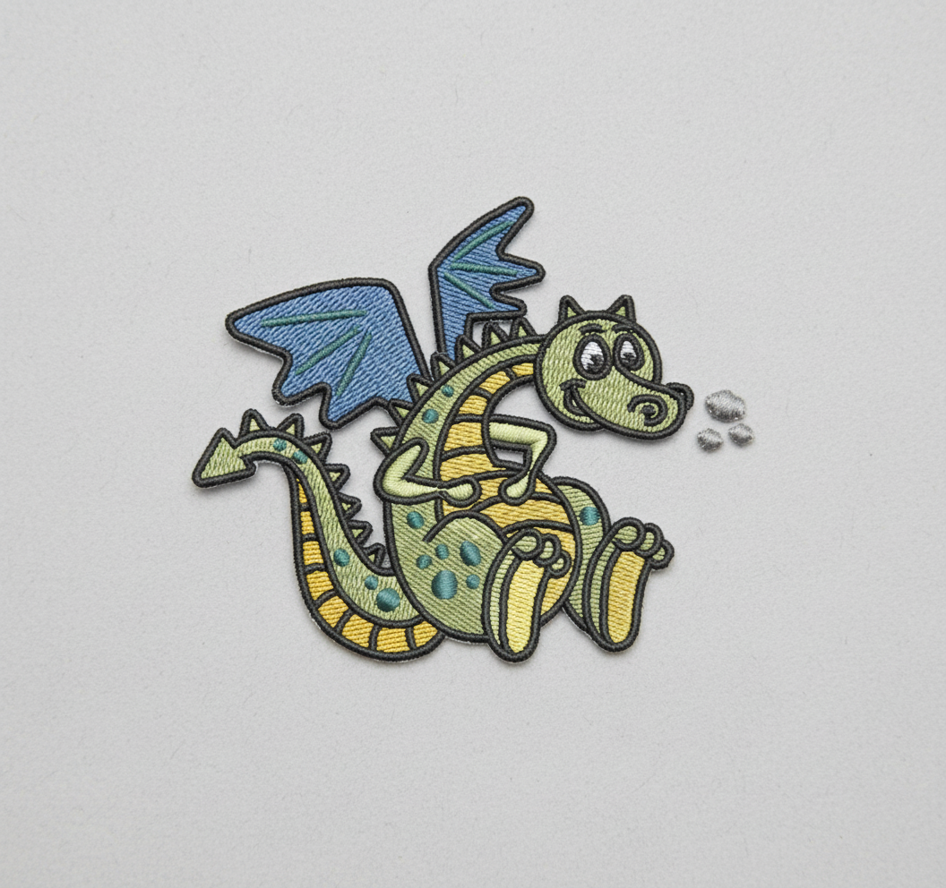 Embroidered design of a cartoon dragon on a grid background