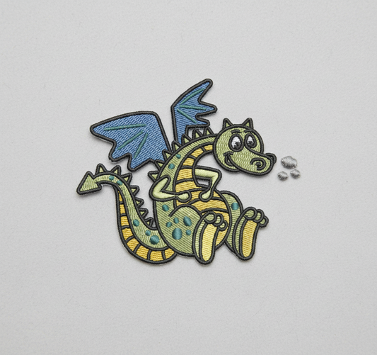 Embroidered design of a cartoon dragon on a grid background