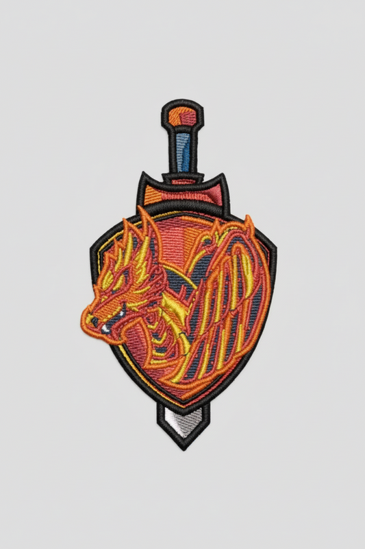 Embroidered patch with a dragon design on a grid background