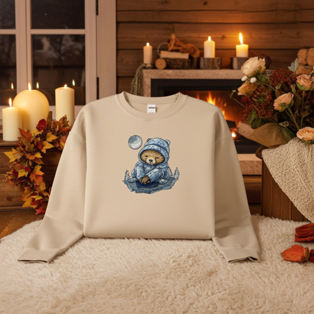 Beige sweatshirt displayed indoors in a cozy candlelit setting, featuring a moonlit sloth embroidery wearing a blue winter hat, with a fireplace, candles, autumn leaves, and flowers in the background