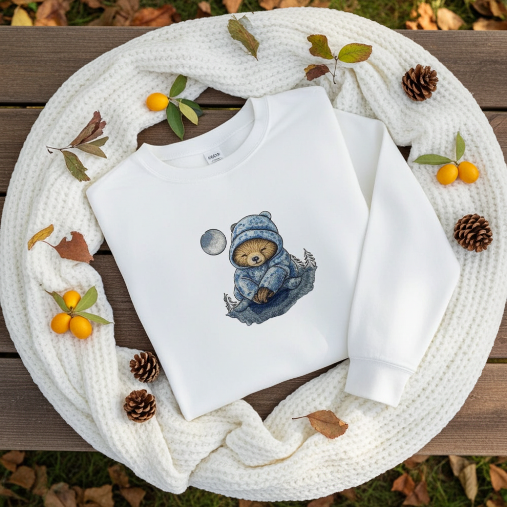White sweatshirt folded on a chunky knit blanket outdoors, featuring a moonlit sloth embroidery in a cozy hat, styled with autumn leaves, pinecones, and small yellow berries on a wooden surface