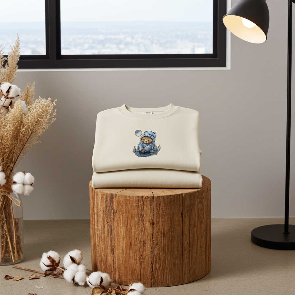 Mint green sweatshirt displayed on a wooden stump indoors near a fireplace and snowy window view, featuring a moonlit sloth embroidery wearing a cozy hat, styled with cotton stems and dried grasses