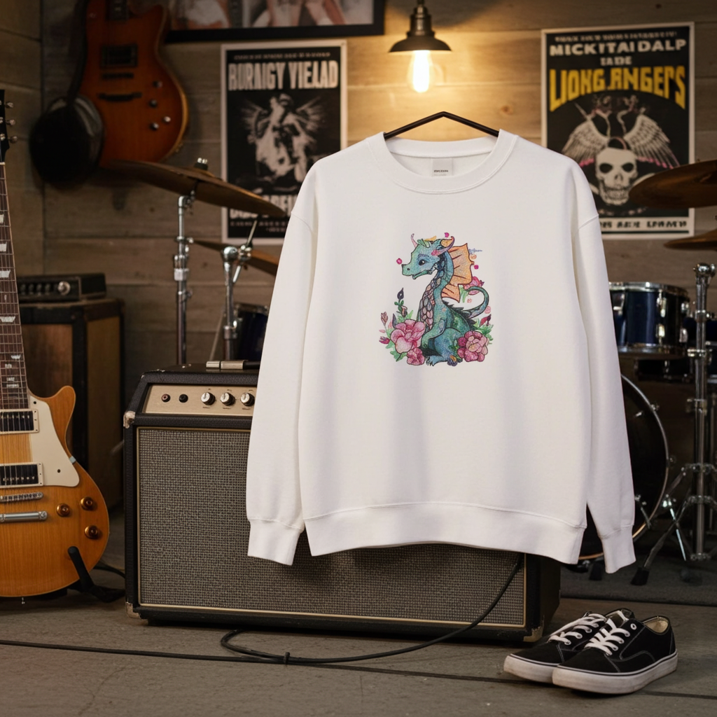 White sweatshirt displayed in a music studio with guitar, amplifier, and drum set, featuring a floral dragon embroidery design with pink flowers on the chest