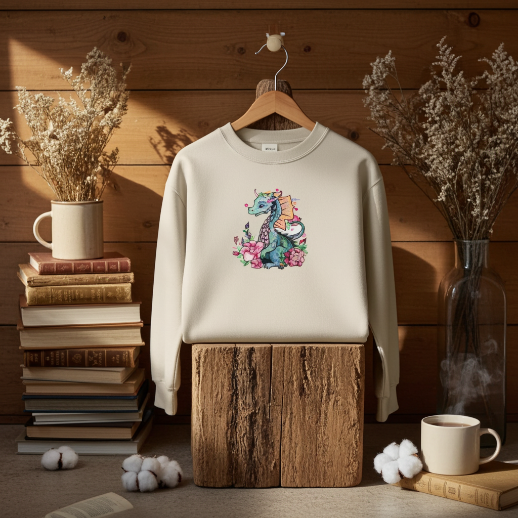 Mint green sweatshirt displayed on a wooden stump in warm sunlight, featuring a floral dragon embroidery design with pink flowers, styled with dried botanicals and cotton stems against a wooden wall background